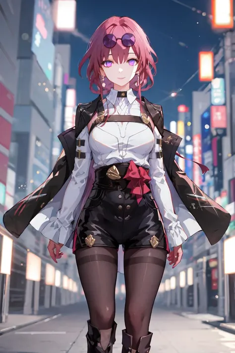 {{Masterpiece, Best Quality, High Solution, Depth-Of-Field, Extremely Detailed CG, Unity 8k Wallpaper, Cinematic Lighting, Lens Flare}} Maximum Clarity And Sharpness, Multi-Layered Textures,
1girl, official, purple eyes, empty eyes, eyewear on head, black jacket, jacket on shoulders, shirt, pantyhose, boots, smile, standing, looking at viewer,
tokyo(city), night <lora:KafkaHonkai_v4:1>