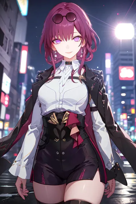 {{Masterpiece, Best Quality, High Solution, Depth-Of-Field, Extremely Detailed CG, Unity 8k Wallpaper, Cinematic Lighting, Lens Flare}} Maximum Clarity And Sharpness, Multi-Layered Textures,
1girl, official, purple eyes, empty eyes, smile, standing, looking at viewer, portrait,
tokyo(city), night <lora:KafkaHonkai_v4:1>