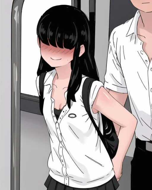 <lora:bea-v4-04:1>, b3a, 1girl, [white:10] shirt, bra, bare arms, (no eyes), black long hair, mini skirt, ((blushing)), smiling, ((wearing backpack)), inside train, multiple people