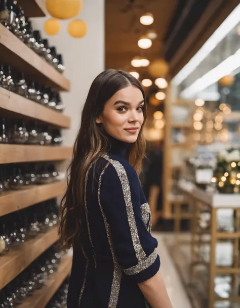cinematic photo professional fashion close-up portrait photography of a beautiful (((ohwx woman))) at gift shop during Dusk, Nikon Z9 <lora:hailee_lora_sdxl_v1:1> . 35mm photograph, film, bokeh, professional, 4k, highly detailed
