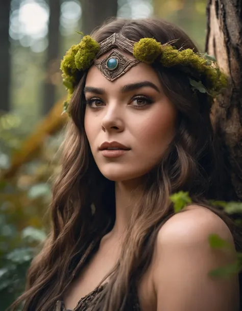 cinematic photo A closeup portait of  (((ohwx woman))) an ancient druid made of bark, she live hidden in the vegetation of a forgotten forest, highly detailed painting, by Artgerm and Raphael Lacoste  <lora:hailee_lora_sdxl_v1:1> . 35mm photograph, film, bokeh, professional, 4k, highly detailed