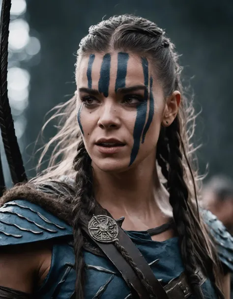 cinematic photo Close-up of (((ohwx woman))) in Hellblade: Senua's Sacrifice, emerging from black mud, long hair with dreads, war blue paint, paint fading, angry expression, dirty face, finely detailed eyes, moody, viking clothes, epic scene, epic composition, Photography, Cinematic Lighting, Volumetric Lighting, ethereal light, intricate details, extremely detailed volumetric rays <lora:hailee_lora_sdxl_v1:1> . 35mm photograph, film, bokeh, professional, 4k, highly detailed