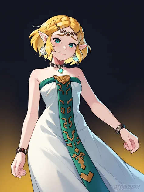 score_9, score_8_up, score_7_up, score_6_up, score_5_up, score_4_up,
BREAK
1girl, princess zelda, the legend of zelda: tears of the kingdom, short hair, braid, cyan eyes, elf,
BREAK
solo, standing, cowboy shot, white dress, strapless, skinny,
BREAK
black background, simple background, <lora:Lunas-Zelda-TotK-SDXL-A1:1> <lora:Lunas-Artsheops-SDXL-A1:1>