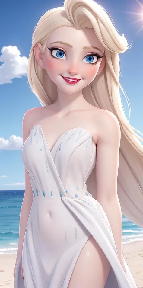 Blonde hair, blue eyes, pale skin, red lipstick, white sparkly dress, open-mouthed smile, raised eyebrows, relaxed expression, <lora:Elsa:1>, breast, thick, standing, ocean, sand, palms, sun, arms behind back