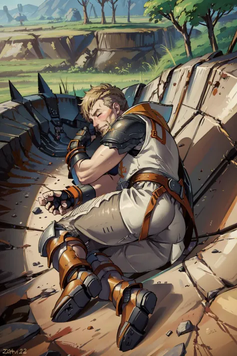 masterpiece, best quality, <lora:JeraltFE3H-bsinky-v1:0.8> jeraltFE, mature male, beard, armor, fingerless gloves, solo, furrowed brow, clenched teeth <lora:concept_yamchapose-10:1> yamchapose, lying, on side, closed eyes, wasteland, desert, whole body