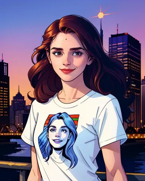 graphic novel comic illustration, of <lora:emwts:0.95> emwts, adult, upper body, long hair, happy expression, wearing a simple tshirt, city background, 2D, crosshatching, inked lines, detailed, sharp, HD, HDR, 8K, best quality, best resolution