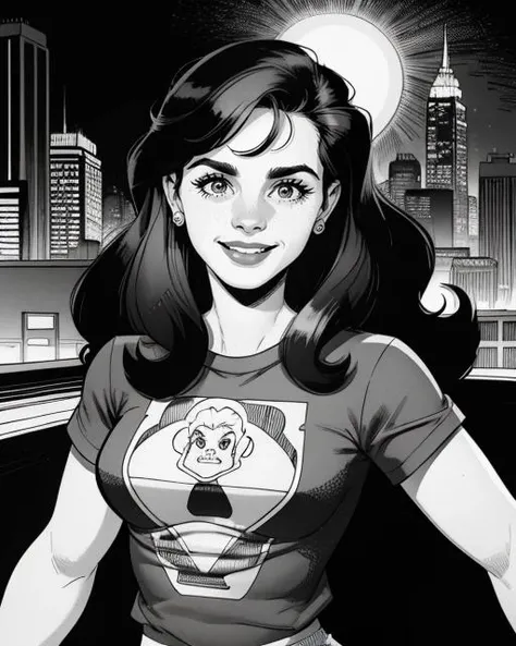 Retro comic illustration from 1960 by Jack Kirby and Arthur Adams, of <lora:emwts:0.95> emwts, adult, upper body, long hair, happy expression, wearing a simple tshirt, city background, 2D, crosshatching, inked lines, by Jack Kirby, by arthur adams, detailed, sharp, HD, HDR, 8K, best quality, best resolution