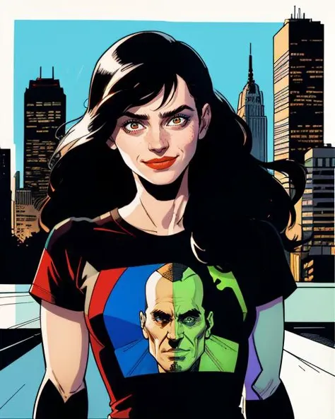 graphic novel comic illustration by Frank Miller, of <lora:emwts:0.95> emwts, adult, upper body, long hair, happy expression, wearing a simple tshirt, city background, 2D, high contrast, deep shadows, crosshatching, inked lines, by Frank Miller, detailed, sharp, HD, HDR, 8K, best quality, best resolution