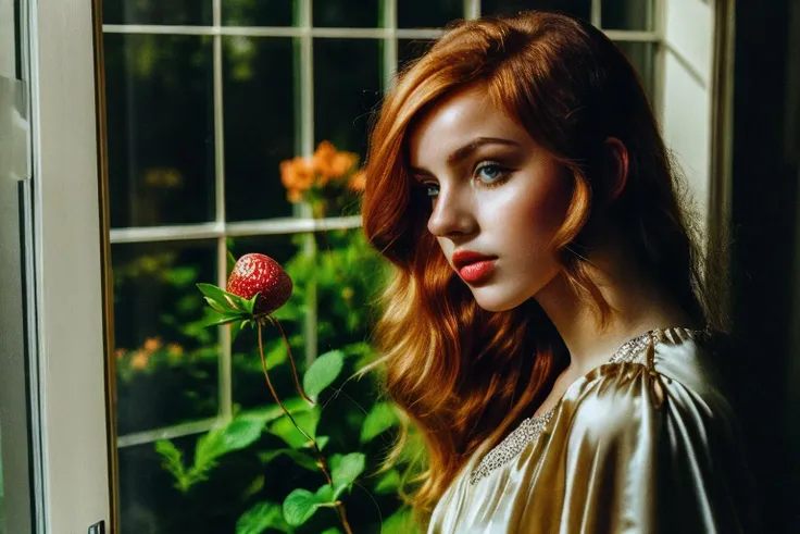 candid photo of 23 yo young woman,strawberry blonde hair, snub nose, diamond shaped face, squared chin, hazel dark green eyes,
with a vase of plants close to a window, vintage, 1, staring outside, darkmode,<my-loras-mix0.95>, <lora:lower:0.55>,