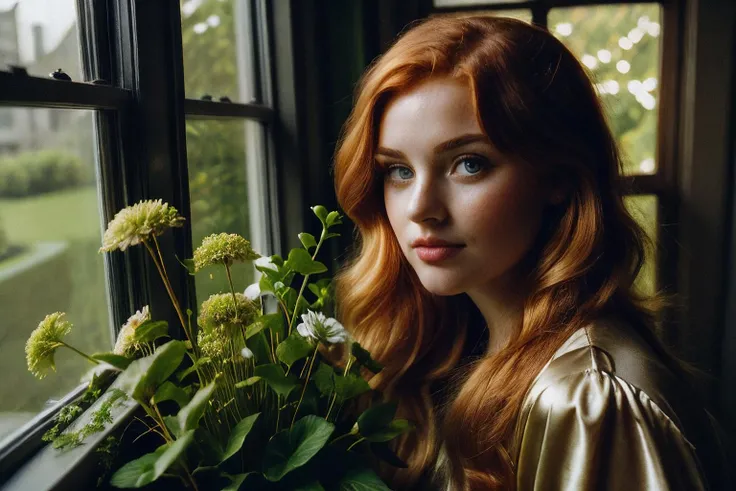 candid photo of 23 yo young woman,strawberry blonde hair, snub nose, diamond shaped face, squared chin, hazel dark green eyes,
with a vase of plants close to a window, vintage, 1,  staring outside, darkmode,  
<my-loras-mix0.95>, <lora:lower:-0.53>,