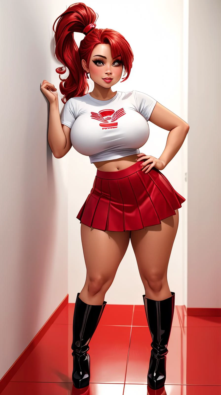 high detailed, masterpiece <lora:p3r3zstyle_v2:0.3> 1girl, posing sexy, subtle smile, pouting, full lips, red hair, high ponytail, brown eyes, perfect hands, big breast, wide hips, thick thighs, black tshirt, crop top, red skirt, red high heel boots, clean scene, white background, white wall, shinny floor, white floor, <lora:add_detail:0.5>