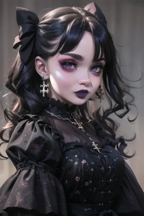 (medium full shot:1.5), embedding:ViciousFamily\DV_Juliette_Vicious is a beautiful girl, GothGal, with dark hair wearing a GothGal outfi, dress, ribbon, frills, r0m4nt1cg0th, gothic makeup, dark black lipstick 16K, Award Winning, Best Quality, High Quality, Highres, Masterpiece, Super Detail, Photography Style, Photorealism Style, Hyperrealism Style, Hyper maximalist <lora:edgGothGal_MINI> <lora:r0m4nt1cg0th>