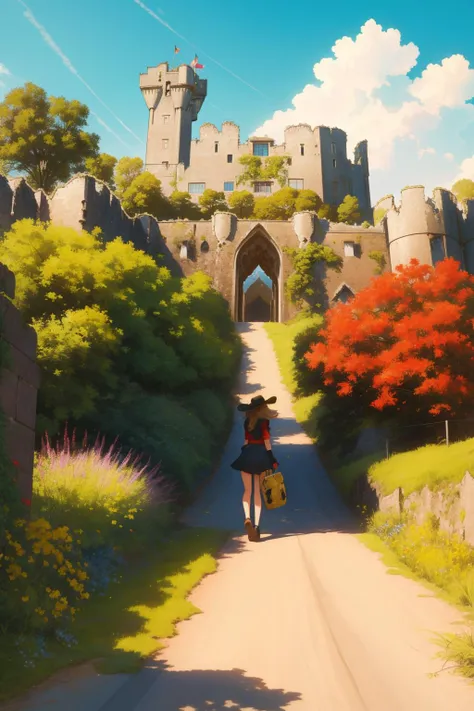 1girl, (stylized by Andre Kohn:0.7) and (Graham Sutherland:1.2) and (Winslow Homer:0.9) , grand Spray paint style, stylized, landscape of a ([Rural area:Blarney Castle:5]:1.3) from inside of The Golden Gate Bridge, it is very Senseless and [Supersized:Slimy:3], desolate city street with Wild berry bush, at Midday, Fine art, Proud, Tonalism, spotlight, pinhole lens, Vivid Colors, blended visuals, Elegant, arthouse, RTX