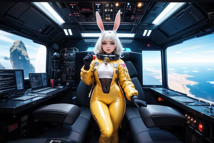 a bunny girl with white ears wearing a skin tight full body long sleeves gold latex space suit with gloves in a space ship in space, science fiction, 16K, Award Winning, Best Quality, High Quality, Highres, Masterpiece, Super Detail, Photography Style, Photorealism Style, Hyperrealism Style, Hyper maximalist, embedding:Positive\epiCPhoto,