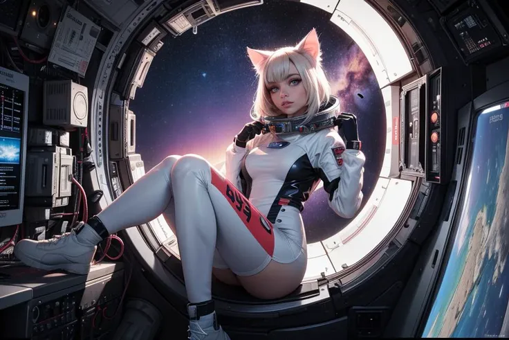 a cat girl wearing a latex space suit in a space ship in space, science fiction,  16K, Award Winning, Best Quality, High Quality, Highres, Masterpiece, Super Detail, Photography Style, Photorealism Style, Hyperrealism Style, Hyper maximalist, embedding:Positive\epiCPhoto,