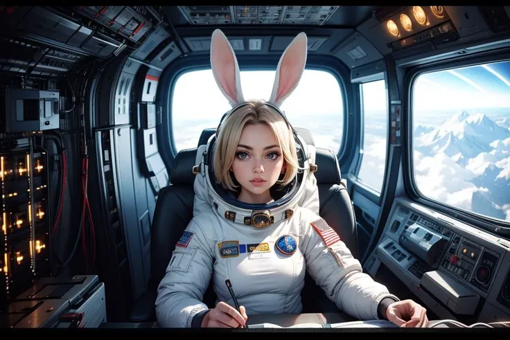 a bunny girl wearing a space suit in a space ship in space, science fiction theme, 16K, Award Winning, Best Quality, High Quality, Highres, Masterpiece, Super Detail, Photography Style, Photorealism Style, Hyperrealism Style, Hyper maximalist, embedding:Positive\epiCPhoto,