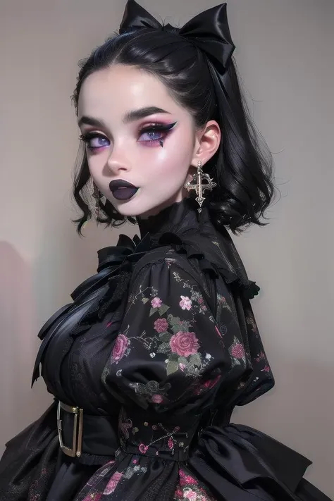 (medium full shot:1.5), embedding:ViciousFamily\DV_Juliette_Vicious is a beautiful girl, GothGal, with dark hair wearing a GothGal outfi, dress, ribbon, frills, r0m4nt1cg0th, gothic makeup, dark black lipstick 16K, Award Winning, Best Quality, High Quality, Highres, Masterpiece, Super Detail, Photography Style, Photorealism Style, Hyperrealism Style, Hyper maximalist <lora:edgGothGal_MINI> <lora:r0m4nt1cg0th>