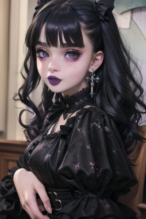 (medium shot:1.5), embedding:ViciousFamily\DV_Juliette_Vicious is a beautiful girl, GothGal, with dark hair wearing a GothGal outfi, dress, ribbon, frills, r0m4nt1cg0th, gothic makeup, dark black lipstick 16K, Award Winning, Best Quality, High Quality, Highres, Masterpiece, Super Detail, Photography Style, Photorealism Style, Hyperrealism Style, Hyper maximalist <lora:edgGothGal_MINI> <lora:r0m4nt1cg0th>