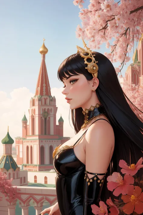 1girl, (by Ferenc Pinter:1.1) and (James Gilleard:1.0) and (John Riley:1.2) , masterpiece 3D Rendering, majestic, profile of a Tempting Nurturing Burlesque ([St. Basil's Cathedral|saffron]:1.3) , it is inspired by Chanel, it has ornate details, insane details, Clockwork vegetation in background, Red hillside and blossoms, Hazy conditions, Panorama, Lustful, Auroracore, loop lighting, Selective focus, Grayscale, sfumato, Simplified style, 8K, lots of details, emotional