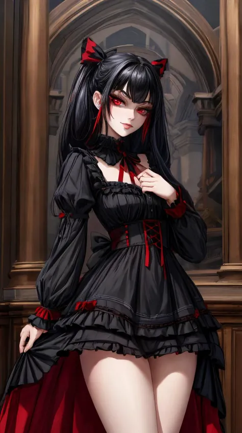 highres, (masterpiece:1.2), (best quality, highest quality), black hair, red eyes, GothGal, wearing a GothGal outfi, dress, ribbon, frills, smug, smirk, hands behind back, Beautiful long legs, beautiful body, Beautiful Nose, Beautiful character design,perfect hands, perfect fingers, perfect eyes,perfect face, wallpaper,perfect lighting, Colorful,ultra highres, 8K, HDR,
<lora:add_detail:1>,
<lora:edgGothGal_MINI:1>