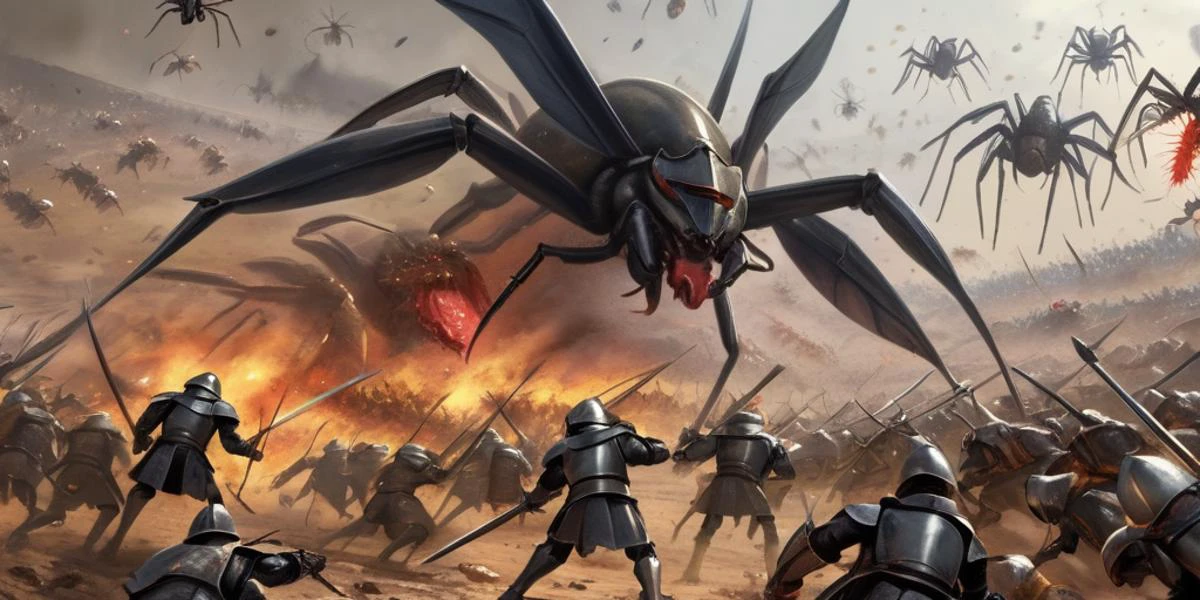 epic battle scene depicting medieval knights fighting against swarms of the Arachnids Warrior bugs from the 1997 Starship Troopers movie, blood soaked ground, corpses littering the scene