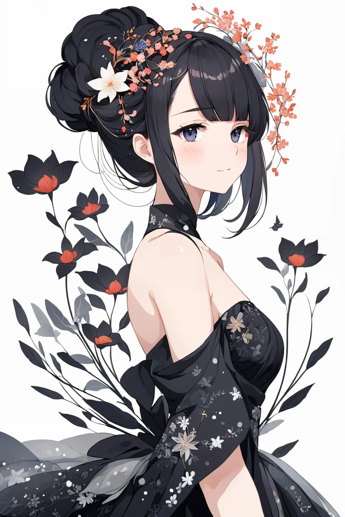 anime art style, a woman in a dress made of obsidian threads and flowers, white background