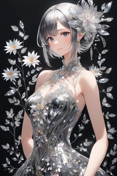 anime art style, a woman in a dress made of silver threads and flowers, black background