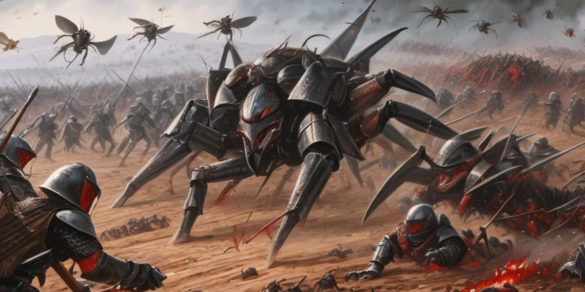 epic battle scene depicting medieval knights fighting against swarms of the Arachnids Warrior bugs from the 1997 Starship Troopers movie, blood soaked ground, corpses littering the scene