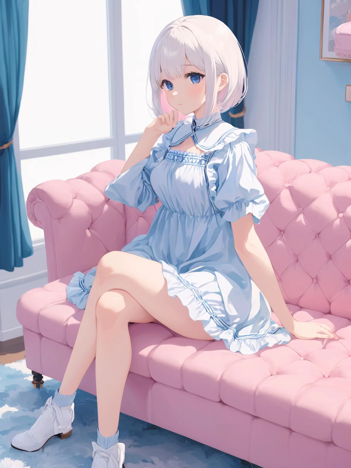 anime art style, 1girl sitting on couch, white hair, blue (doll:1.1), pink room