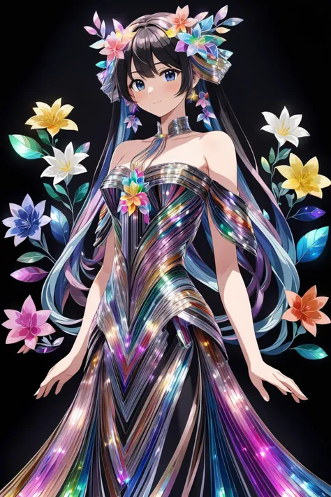 anime art style, a woman in a dress made of bismuth threads and flowers, black background, waist up shot
