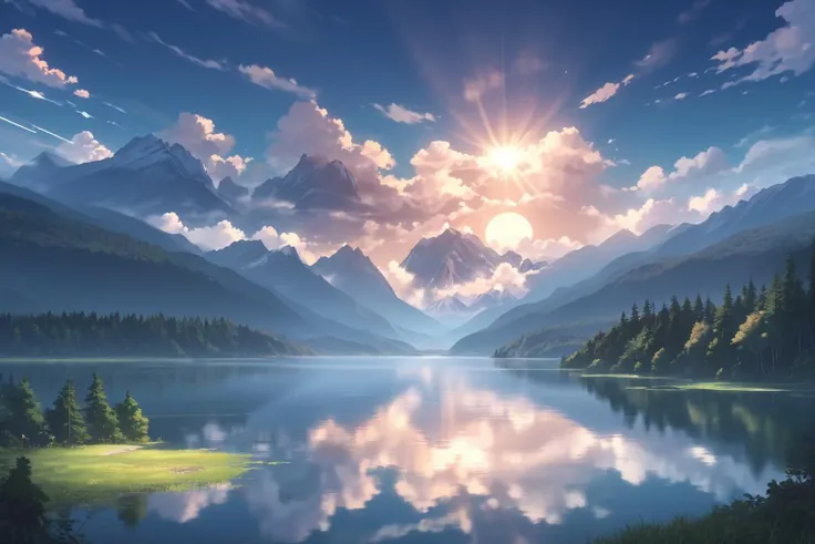 anime art style, scenery, lake, forest, mountains, nimbostratus clouds, sun