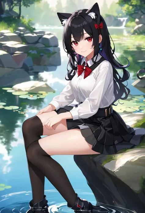 1girl sitting on rock, black hair, cat ears, curled hair, red eyes, looking at viewer, white shirt, black skirt, belt, black bowtie, black thighhighs, leather boots, nature, pond, parted lips, light smile