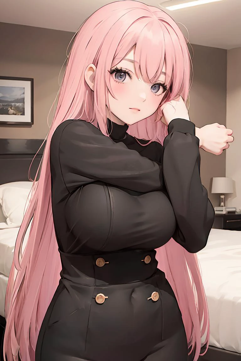 (masterpiece, best quality), 1girl, <lora:right,stretching:1> right,stretching, bedroom, pink hair, long hair, large breasts,