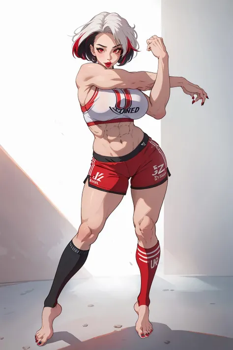 Full body image of Lynn Loud from The Loud House, full body in image, wearing her original outfit (red jersey, red shorts, red and white sneakers), short brown hair, female body, athletic and fit body, dynamic pose, detailed pose, simple background, expressive face showing determination, focus on face, line art, sketch