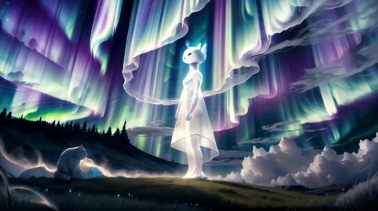 (masterpiece, best quality, fullscreen), [(full body:1.1)::0.2] portrait (photo of a ghostly energy [magical being:ghost:0.4]:1.3), aether energy leak, , <lora:EYES Fire:0.1> white fire, (ethereal Eclipsing ghostly Skin texture:1.4), (humanoid body with Cat head:1.3), Phoenix Wings, <lora:EFFECT ç»ªå¿-æµå glowwave:0.4> glowwave, <lora:EFFECT DonMSp3ctr4l-000008:0.2> DonMSp3ctr4l, <lora:MONSTER CuteCreatures:0.5> Cu73Cre4ture, (solid light white ink clouds Drifting around:1.3), (An endless meadow of soft, green grass where souls gather in joyful unity background:1.3), (Aurora Borealis lighting:1.4), <lora:EFFECT Gloomifier_V2_TheGlow:1.2>, <lora:EFFECT Tyndall effect_Light v1.1:0.3>, (pure white global tone:1.3), <lora:QUALITY Space - [Background] - Version 1:0.6>, (embedding:VIEW_Style-GHL), (look at the viewer:1.2), , <lora:LIGHT epi_noiseoffset2:0.2>, <lora:LIGHT NOISEOFFSET_V2_BY_STABLE_YOGI:0.3> two-tone, darkness, rim lighting, <lora:QUALITY PotatEnhancer_V1_6:0.4>, <lora:QUALITY add_detail:0.5>, , (Full body Shot, Shallow Focus Shot, Low Angle Shot:[1.2:0.5:0.1]), heavily detailed, fairytale, eerie, fantasy, , (sharp focus), , (no humans), remely detailed, intricate, beautiful, trending on artstation, 4k, hyperrealistic, focused, extreme details,unreal engine 5, cinematic, masterpiece, high resolution, detailed space, horizon forbidden west, octane render, redshift render, grainy