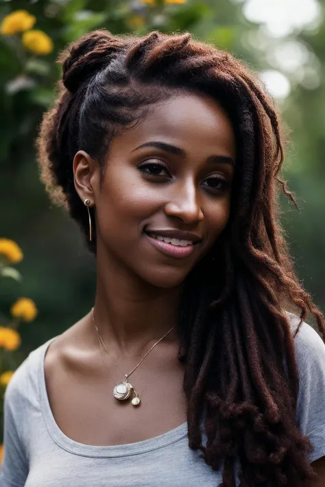 Une séduisante jeune femme de la taille moyenne de race noir à la peau chocolatée foncée et luisante, très belle, d'une joliesse et finisse impériales et dégageant une douceur majestueuse, avec de longues dreadlocks qui lui pendaient jusqu'au bas de son remarquable et époustouflant postérieur quand elle les relâchait, ayant de l'embonpoint, avec des yeux diamantés, vêtue d'une robe d'un blanc immaculé avec un bandeau attachant ses dreadlocks marchant en bordure d'un fleuve dans une atmosphère de campagne.