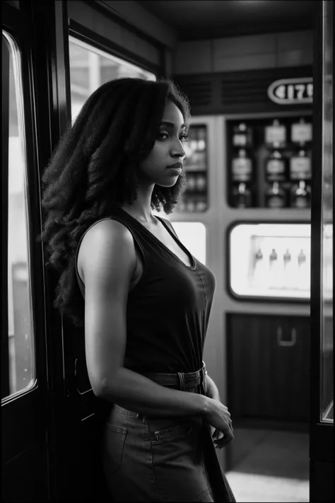 perfect cinematic shoot of a beautiful woman (EPWh1tn3yD4v1s:.99),(b&w, Monochromatic, Film Photography:1.3), perfect hair, 70s style drive-through liquor store: a convenience store with a drive-through window where customers in cars purchase alcohol and cigarettes, wearing bell-sleeve tunic in earthy brown, A-line denim skirt in denim blue with a floral embroidery, ((1970s postcard:1.2)), stamp, Photorealistic, Hyperrealistic, Hyperdetailed, film noir, analog style, soft lighting, subsurface scattering, realistic, heavy shadow, masterpiece, best quality, ultra realistic, 8k, golden ratio, Intricate, High Detail, film photography, soft focus,(looking at viewer), (detailed atmosphere), 8k, highly detailed, rich environment, 4k textures, soft cinematic light, elegant, ((((cinematic look)))), soothing tones, insane details, hyperdetailed, ("Descifra el arte del juego con JernauGurgeh!":1.1), (epiCPhoto)