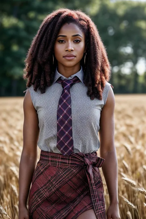 perfect cinematic shoot of a beautiful woman (EPWh1tn3yD4v1s:.99), a woman standing at a (modest field of wheat), perfect bangs, wearing sexy (Millennial Pink necktie, plaid_skirt:1.2), (people in background:1.1), (detailed background:1.1), (face focus), modelshoot style, (extremely detailed CG unity 8k wallpaper), professional majestic (photography by Evy Huppert:1.1), 24mm, exposure blend, hdr, extremely intricate, High (Detail:1.1), dramatic, soft cinematic light, (looking at viewer), (detailed atmosphere), 8k, highly detailed, rich environment, 4k textures, soft cinematic light, elegant, ((((cinematic look)))), soothing tones, insane details, hyperdetailed, ("Dreams into reality with SDKoh!":1.1), (epiCPhoto)