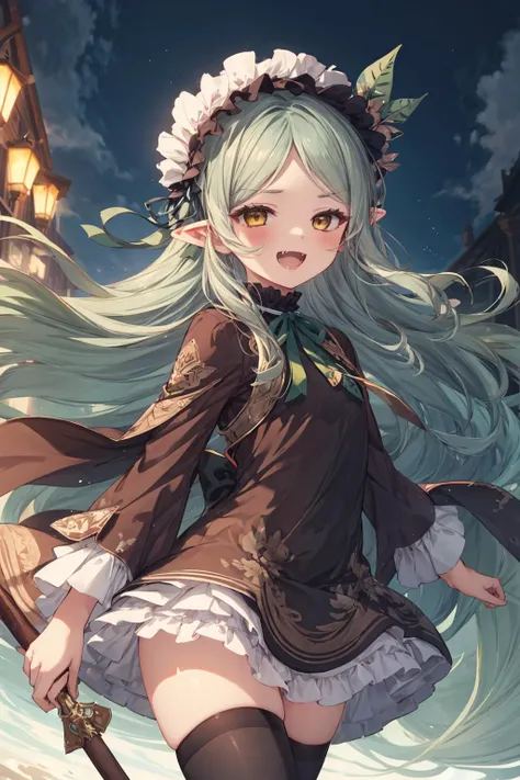 beautiful,(masterpiece),best quality,highly detailed eyes,perfect lighting,bloom,cinematic lighting,OverallDetail,detailed,deep skin,textured skin,<lora:add_detail:0.4>,
1girl,solo,cowboy shot,looking at viewer,dramatic angle,seductive_smile,mesuga,
<lora:VyrmTest1:0.8> green hair, grey hair, ((parted bangs:1.2)), very long hair, floating hair, yellow eyes, brown eyes, v-shaped eyebrows, pointy ears, hairband, headdress, frilled hairband, bow, hair ornament, black hairband, green ribbon, green neck ribbon, brown frilled dress, long sleeves, frills, brown thighhighs, boots, small breasts, mesugaki smile, open mouths, fangs, half-closed eyes, small_eyes