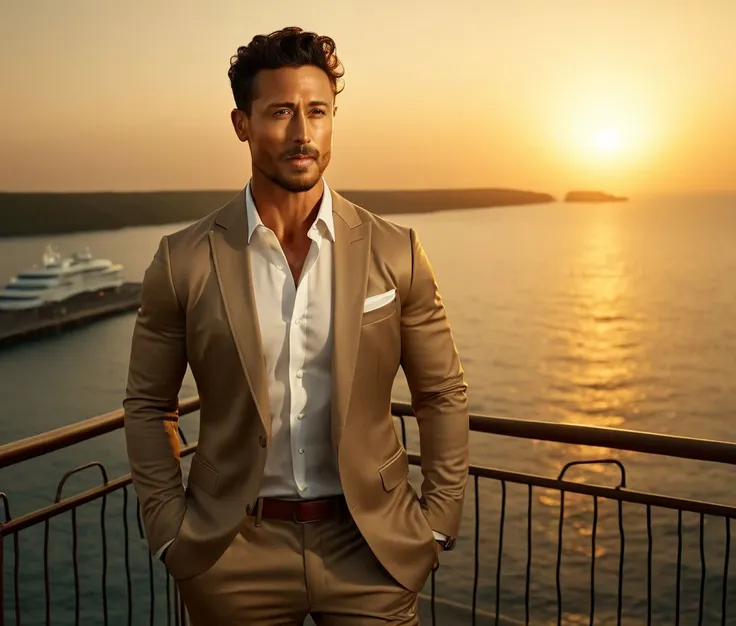 Nautical-themed (Photo:1.3) of (Ultrarealistic:1.3) <lora:Man_Men_FFashion:1> Jason Reitman a man <lora:tiger-Jason-Reitman:0.8> in a tan suit standing on a balcony, sun behind him, inspired by Pablo Munoz Gomez, shot at golden hour, editorial photograph, midshot of a hunky, by Roman Bezpalkiv, by Artur Tarnowski, maxim sukharev, by Gabor Szikszai,Highly Detailed,(Mono Color:1.3) . Sea, ocean, ships, maritime, beach, marine life, highly detailed