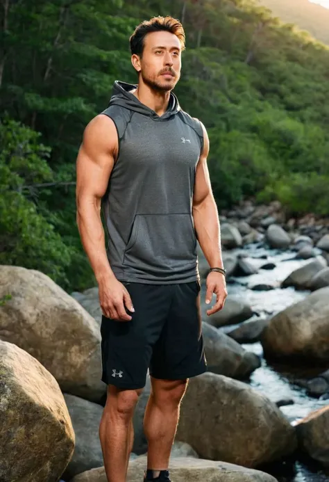 full body shot of a handsome topless man wears shorts , nacklace, watch, upper body, outdoor, 28yo, caucasian, darelljones, ultra realistic, highres, solo, american boy, tropical forest, chill vibe, (masterpiece,best quality:1.5),ground