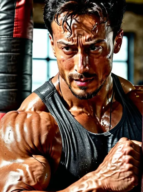 Tiger Shroff a man <lora:Tiger-Shroff:0.6>, punching a boxing bag in a grungy gym. Sweating it out, wearing a tight wet vest showing ripped biceps. Side view, high detail, realistic, 8k, depth of field, sharp focus, intricate, smooth, masterpiece, photorealistic, professional photoshoot quality, highly detailed detailed face, realistic skin, ultra-realistic, uhd, full body in frame, <lora:add-detail-xl:1>