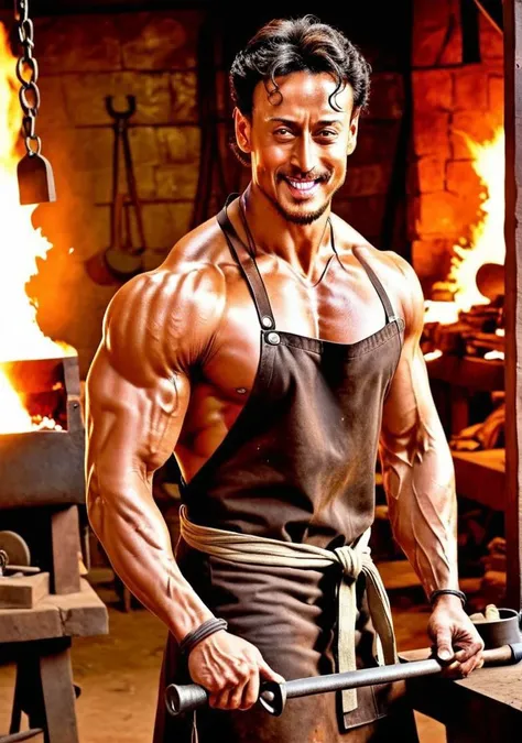 Tiger Shroff a man <lora:Tiger-Shroff:0.6>, as Blacksmith male , muscular, smithing apron, shirtless, confident smile, inside forge background, crafting, fiery forge, sturdy build,