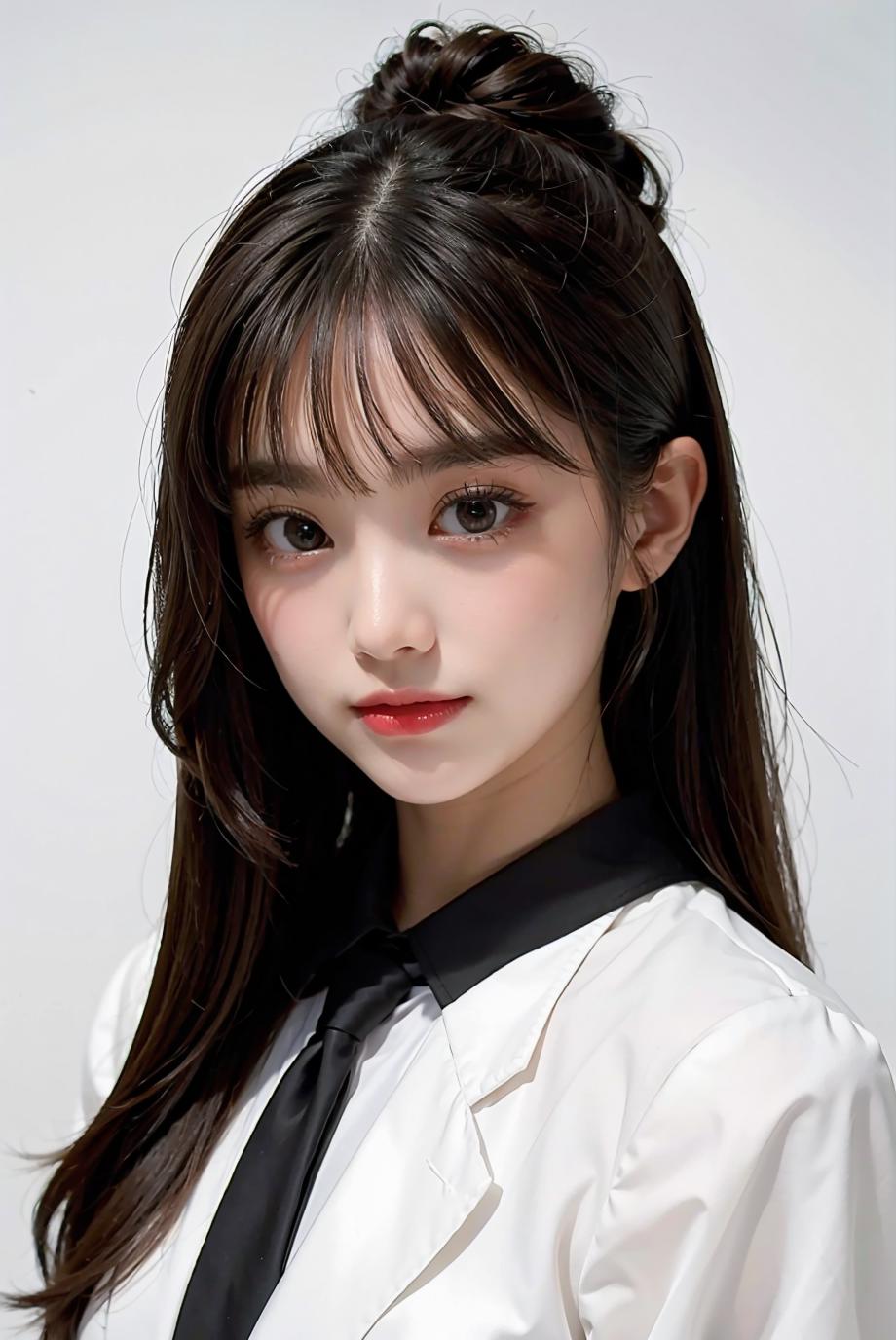 Araffe asian woman with long hair wearing a white shirt and black tie ...