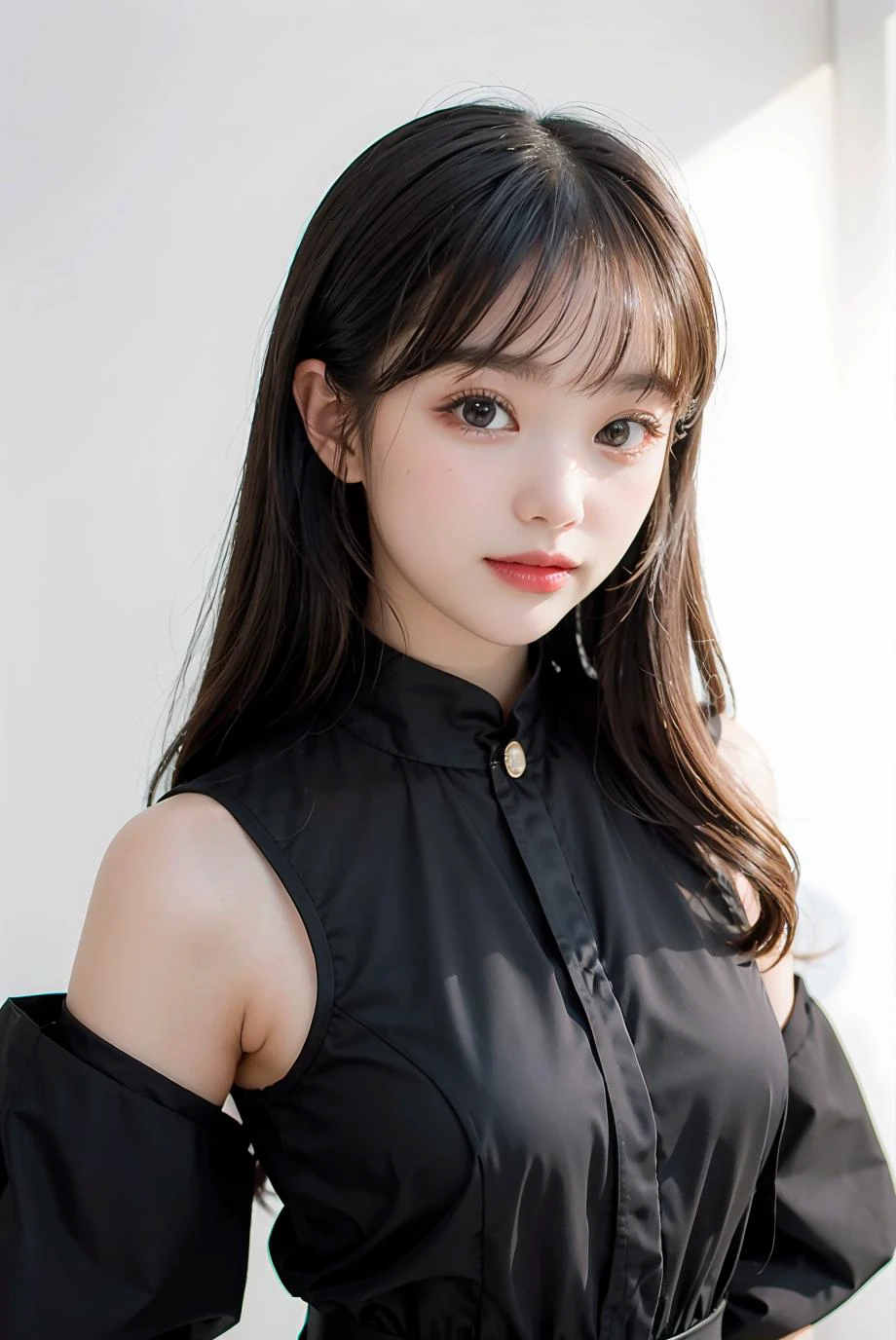1girl, black formal attire, white background, <lora:mahnmook_lastidol-02:1>