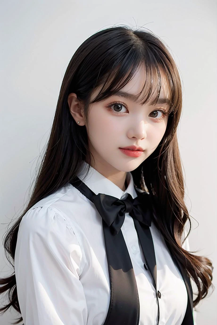 1girl, black formal attire, white background, <lora:mahnmook_lastidol-02:1>