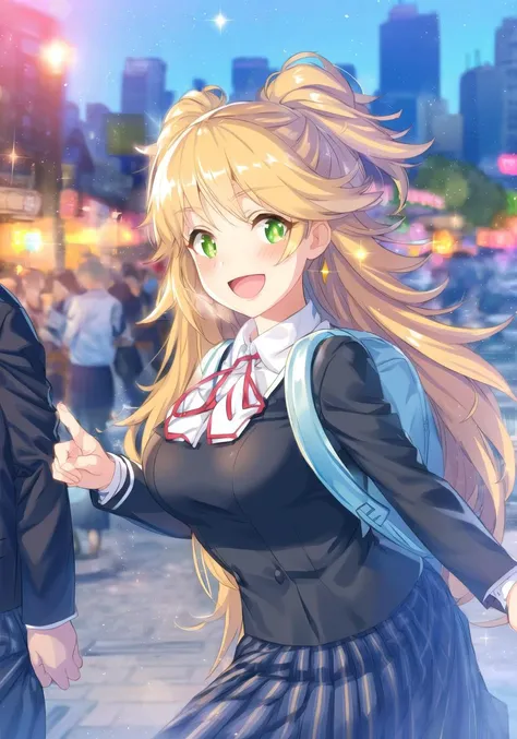 (highres:1.2), (ultra-detailed:1.2), (((masterpiece, best quality, ultra-detailed))), realistic Illustrations, cinematic light, (extremely detailed CG unity 8k wallpaper:1.2), (watercolor:0.9), (sketch1.2), pcrdrninon, 1girl, solo, green eyes, open mouth, smile, bag, looking at viewer, breasts, backpack, blush, two side up, sparkle, :d, jacket, long sleeves, white background, rninon school uniform, outdoors, city, bokeh, <lora:ninon-000008:1>, <lora:mimonel2e4:1>
