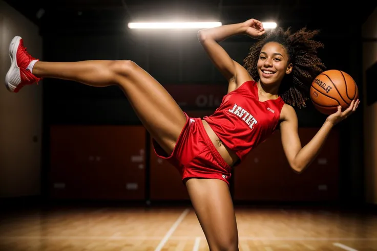 photo of a 18 year old girl,basketball player in a red shorts jumps in the air,holding a ball in her hand and shooting it towards the hoop,happy,laughing,ray tracing,detail shadow,shot on Fujifilm X-T4,85mm f1.2,depth of field,bokeh,motion blur,<lora:add_detail:1>,