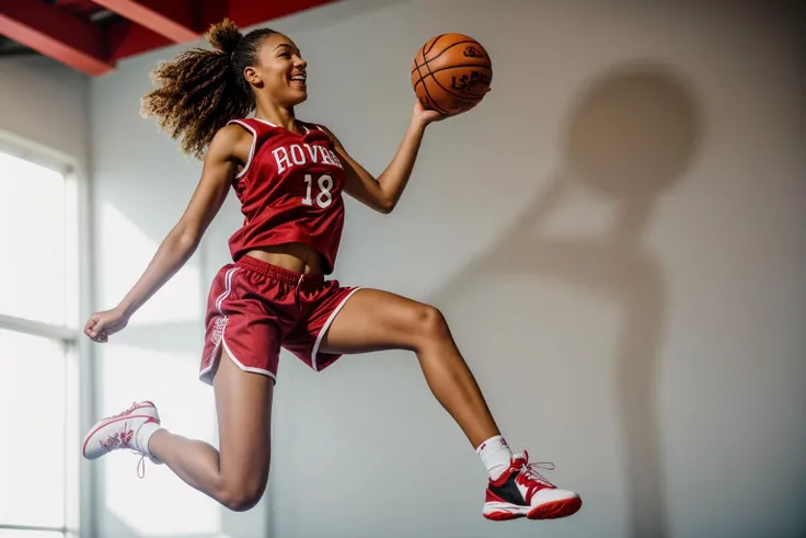 photo of a 18 year old girl,basketball player in red shorts jumps in the air,holding a ball in her hand and shooting it towards the hoop,happy,laughing,ray tracing,detail shadow,shot on Fujifilm X-T4,85mm f1.2,depth of field,blurry background,bokeh,motion blur,<lora:add_detail:1>,