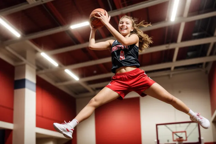photo of a 18 year old girl,basketball player in a red shorts jumps in the air,holding a ball in her hand and shooting it towards the hoop,happy,laughing,looking at viewer,ray tracing,detail shadow,shot on Fujifilm X-T4,85mm f1.2,depth of field,bokeh,motion blur,<lora:add_detail:1>,